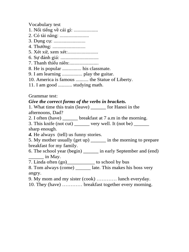 Vocabulary and Grammar Test Guide | PDF