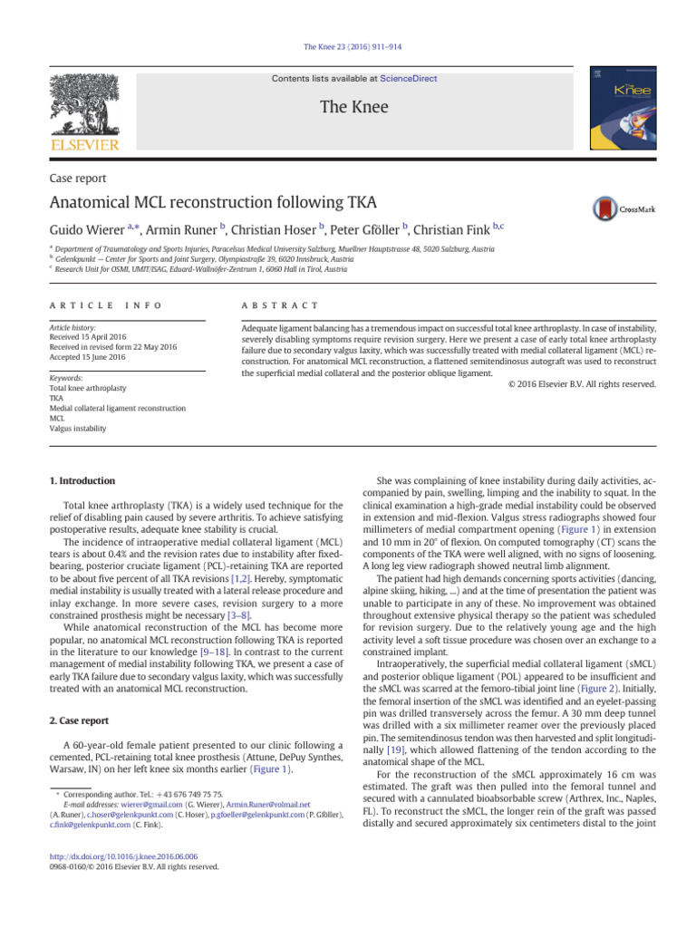 Anatomical MCL reconstruction following TKA | PDF | Knee | Soft Tissue