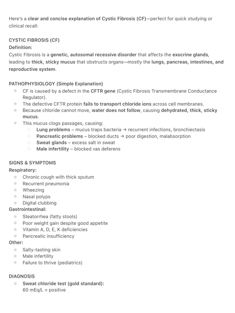 Cystic Fibrosis Overview and Management | PDF