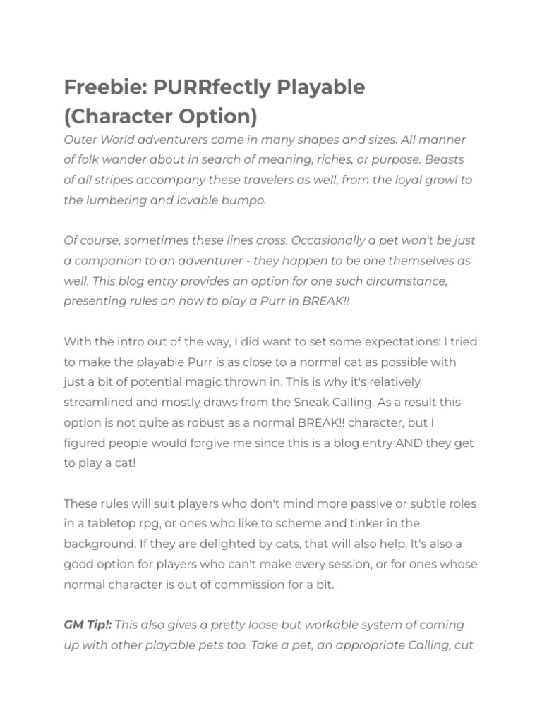 Playable Cat Character Rules for RPG | PDF