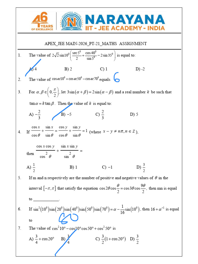 Trigonometry Problem Set for JEE Main | PDF | Trigonometric Functions ...