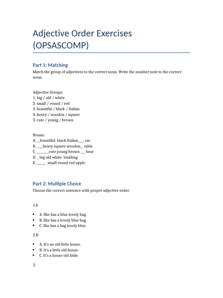 Adjective Order Practice Exercises | PDF