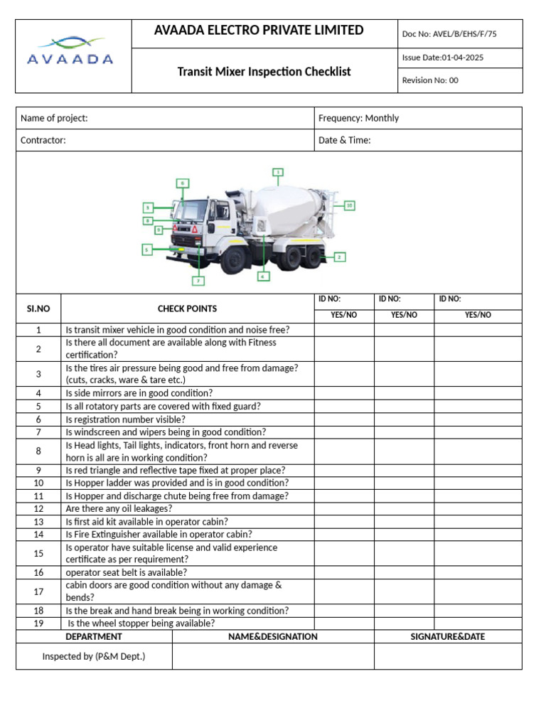 Transit Mixer Inspection Checklist | PDF | Vehicle Technology | Land ...