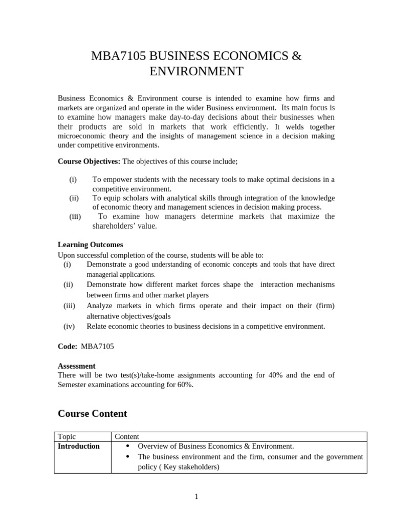 Business Economics & Environment Course | PDF | Economics | Market ...