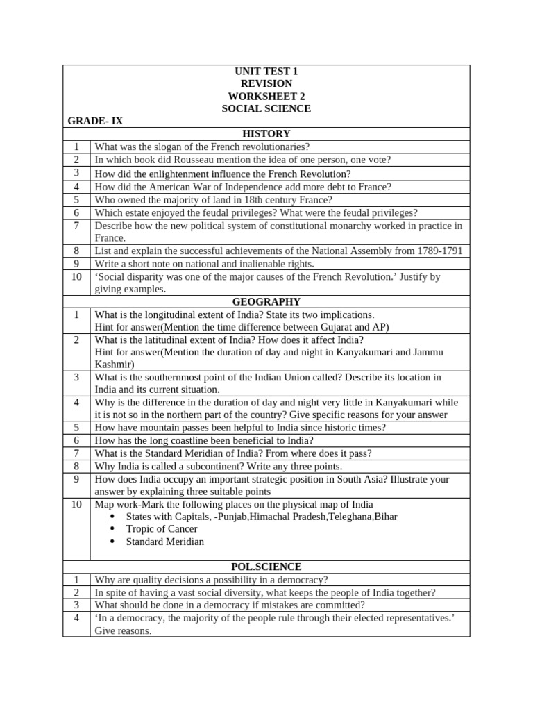 Grade IX Social Science Unit Test Worksheet | PDF | Democracy ...
