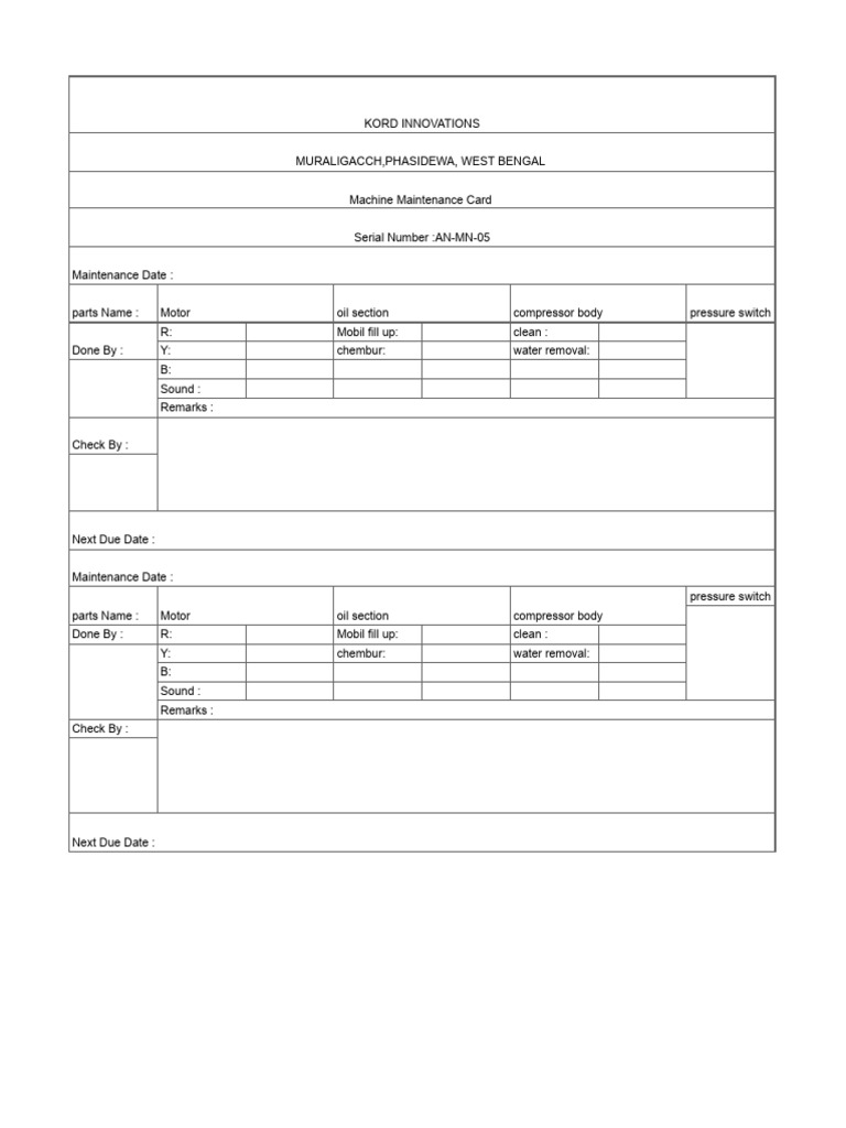 Kord Innovations Machine Maintenance Log | PDF