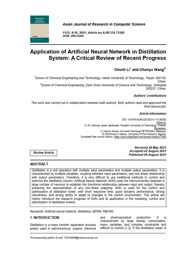 Application of Artificial Neural Network in Distillation 4m3jy5m543 ...
