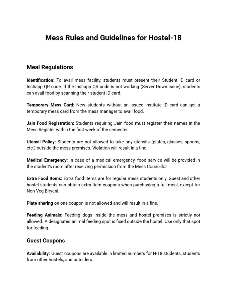 Hostel-18 Mess Rules and Guidelines | PDF