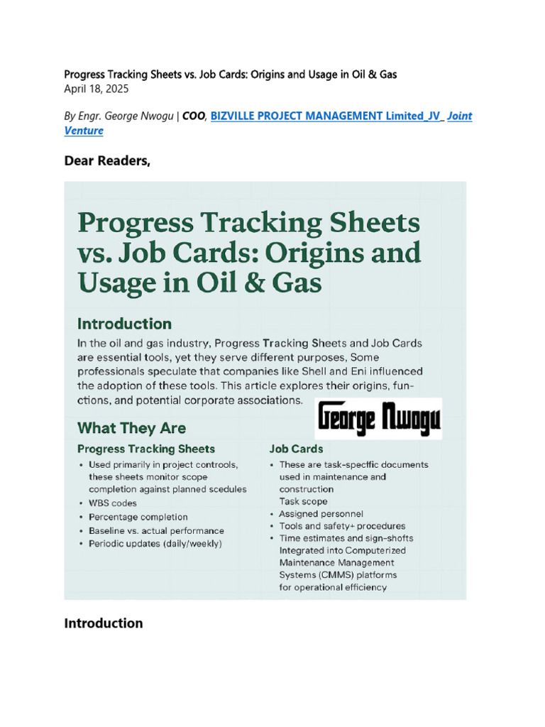 Progress Tracking Sheets vs. Job Cards | PDF | Project Management ...