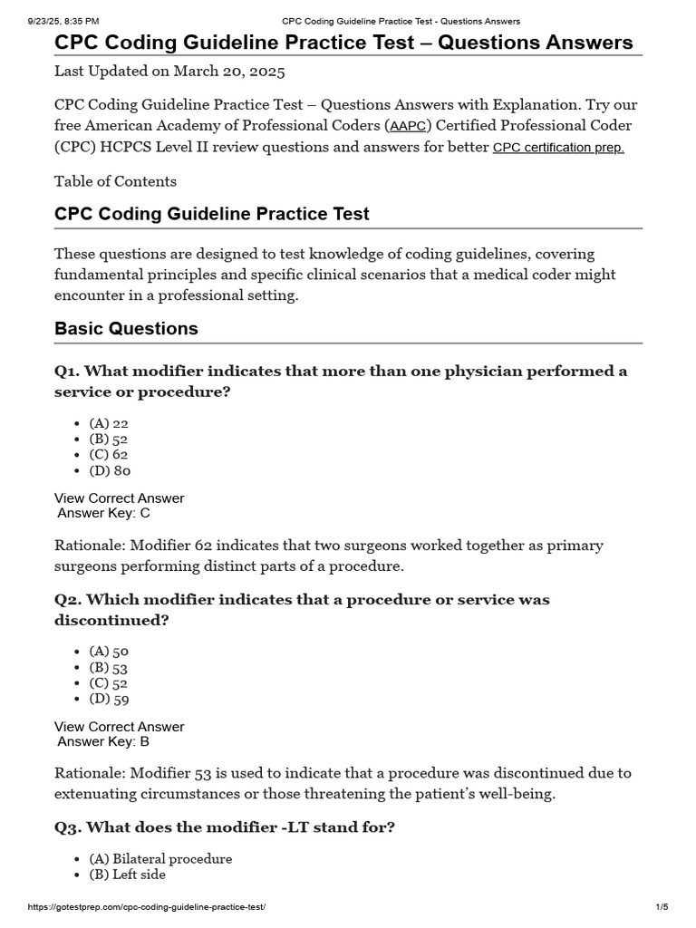 CPC Coding Guidelines Practice Test | PDF | Health Sciences | Medical ...