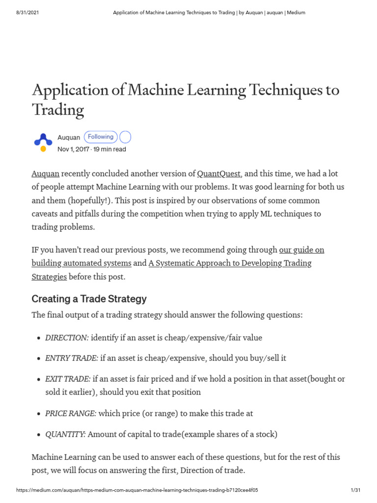 Machine Learning in Trading Strategies | PDF | Machine Learning | Data ...