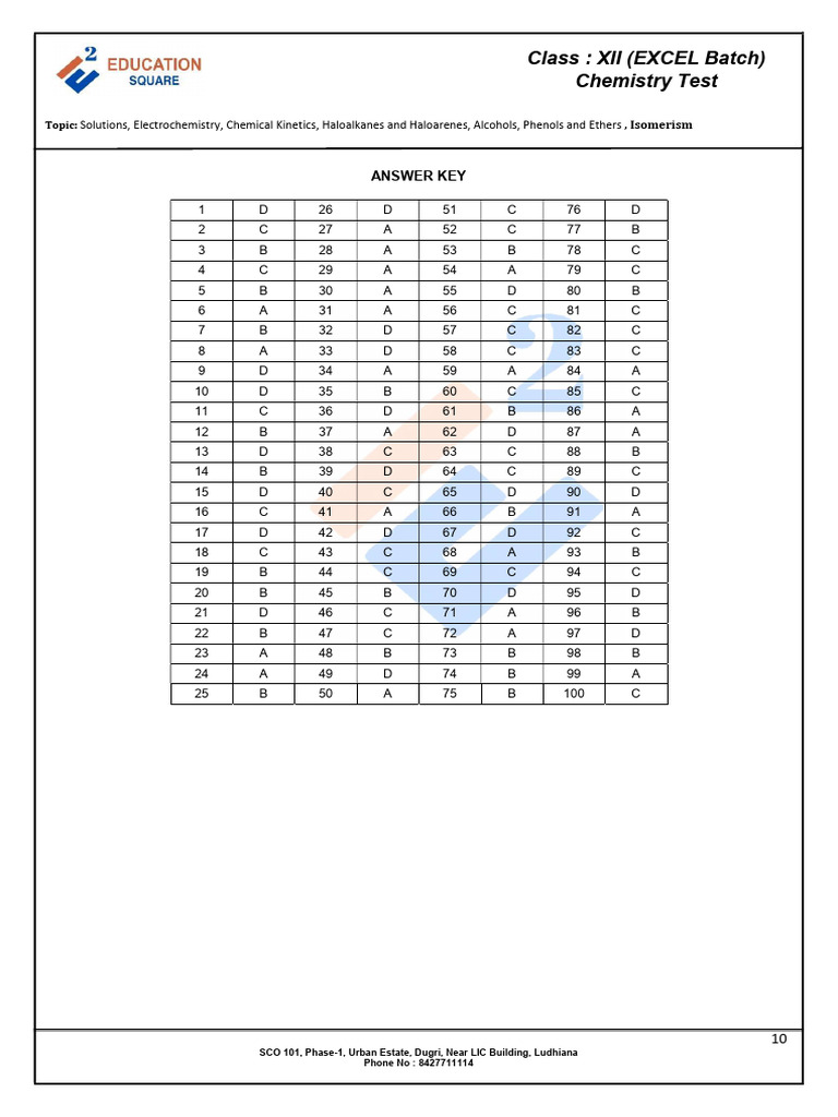 XII Chemistry Test Answer Key (31.12.2025) | PDF | Organic Compounds ...