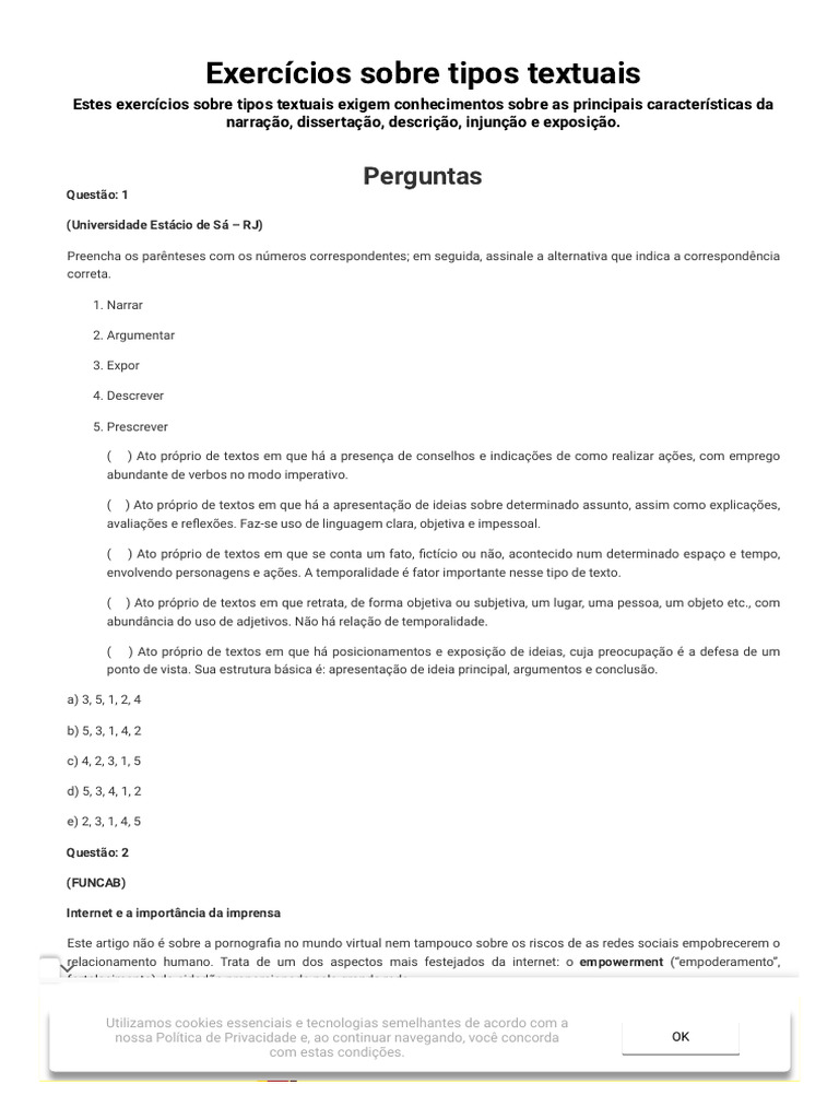 Exercícios sobre Tipos Textuais e Discurso | PDF | Internet