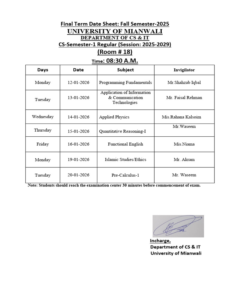 Fall 2025 Final Exam Schedule - CS & IT | PDF | Computing | Applied ...