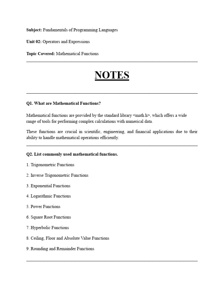 Mathematical Functions in Programming | PDF | Trigonometric Functions ...