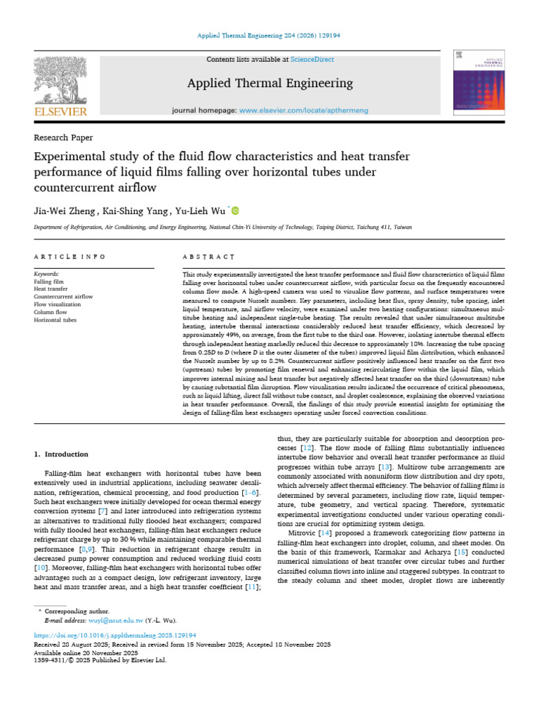 Experimental Study of the Fluid Flow Characteristics and Heat Transfer ...