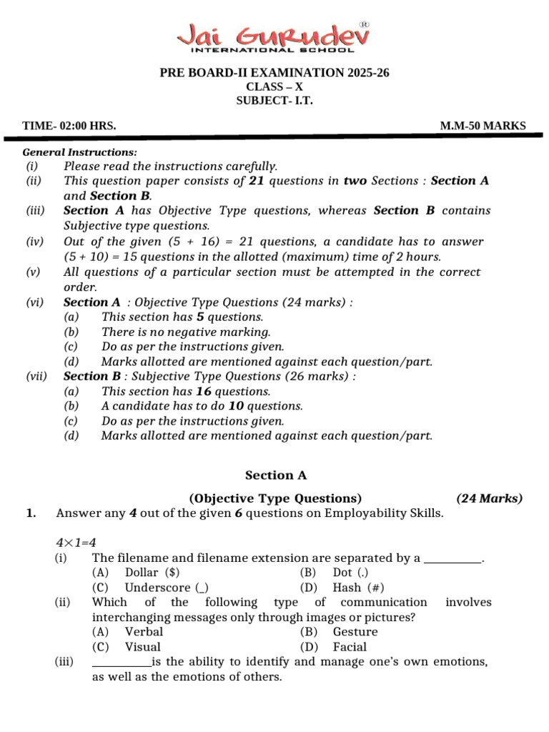 Class X IT Pre-Board Exam 2025-26 | PDF | Databases | Spreadsheet