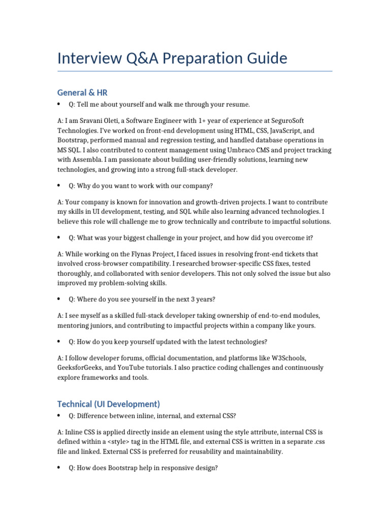 Interview Q&A Prep for Software Engineers | PDF | Information ...