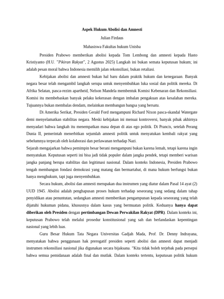 Abolisi dan Amnesti: Langkah Rekonsiliasi Prabowo | PDF
