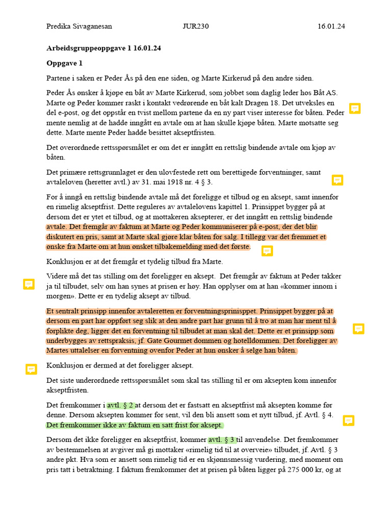 Predika Avtalerett Oppgave 1 Rettet Av Lea | PDF