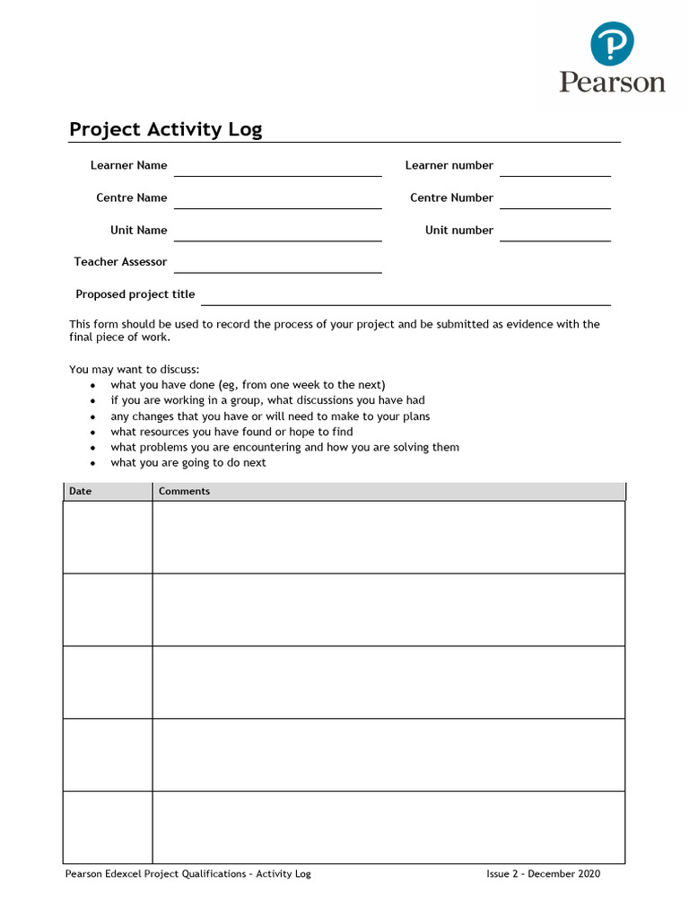 Pearson Edexcel Project Activity Log | PDF