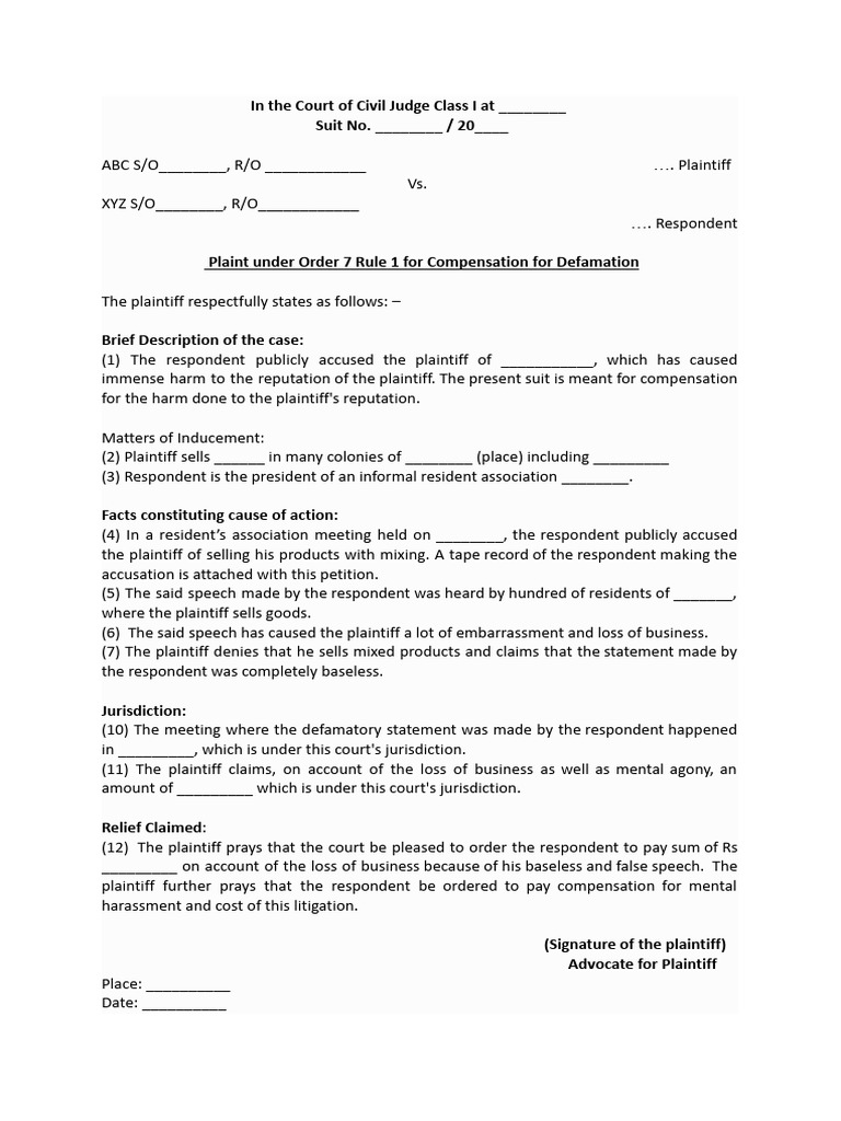 Defamation Compensation Lawsuit Template | PDF | Defamation | Lawsuit