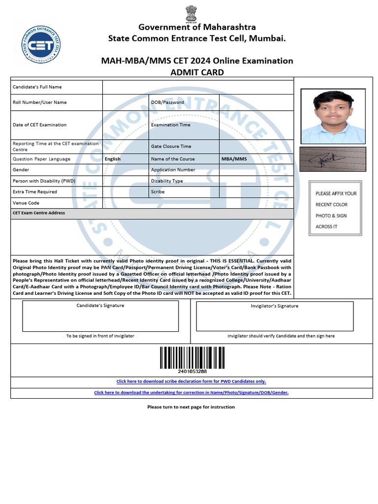 MAH-MBA/MMS CET 2024 Admit Card | PDF | Identity Document ...