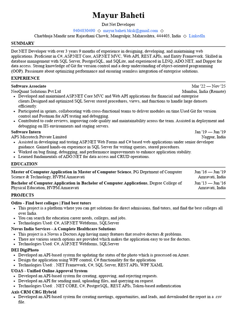 MayurBahetiResume | PDF | Entity Framework | Microsoft Sql Server