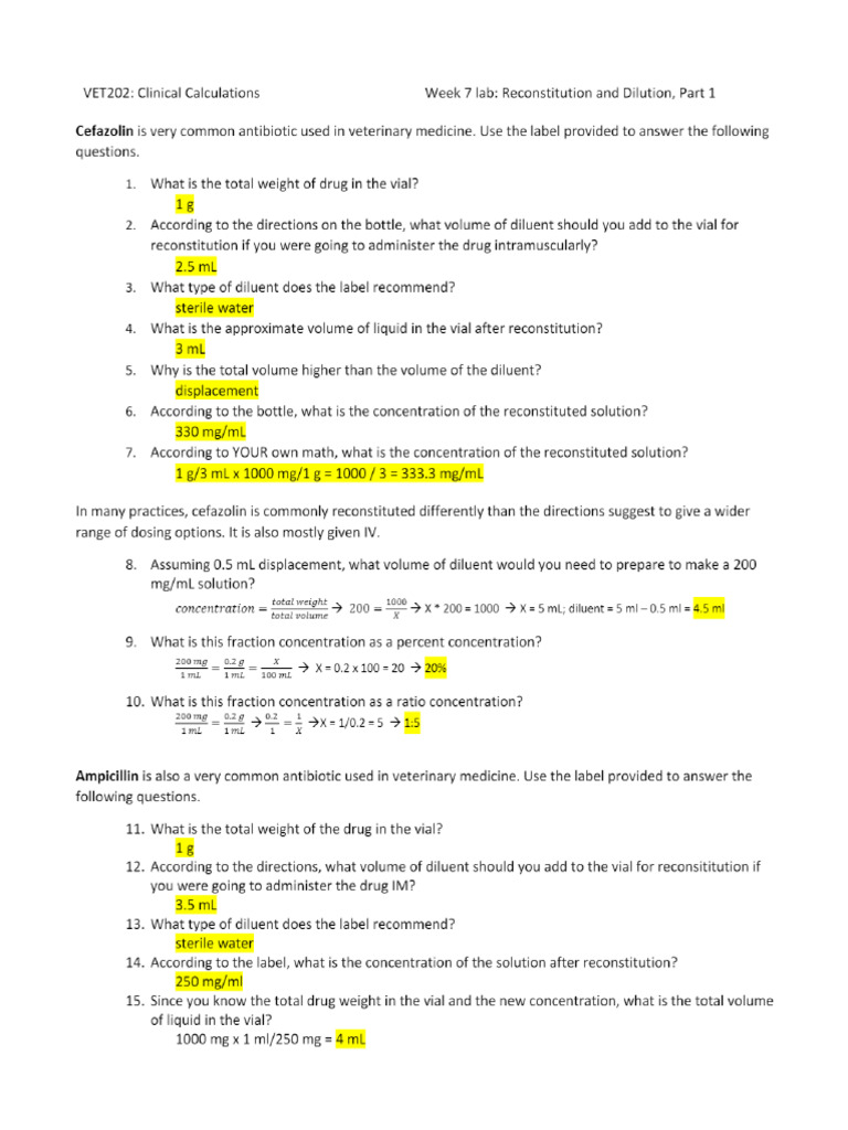 VET303 Clinical Calculations 06 Reconstitution and Solutions Lab ...