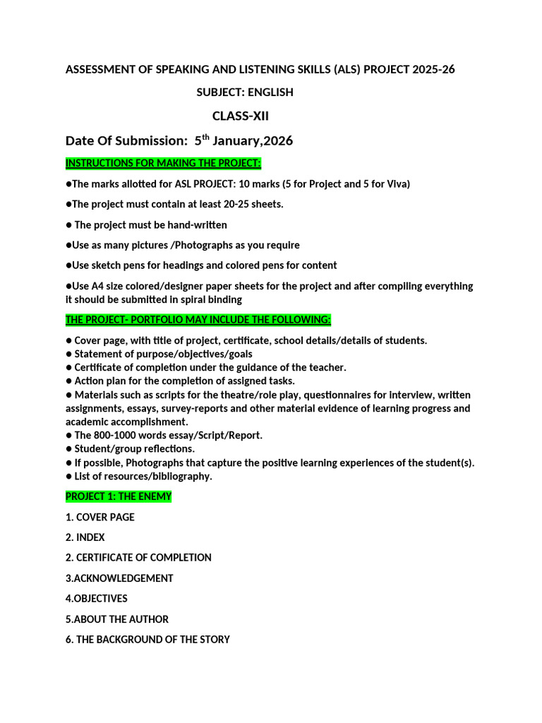 ASL Project Guidelines for Class XII | PDF