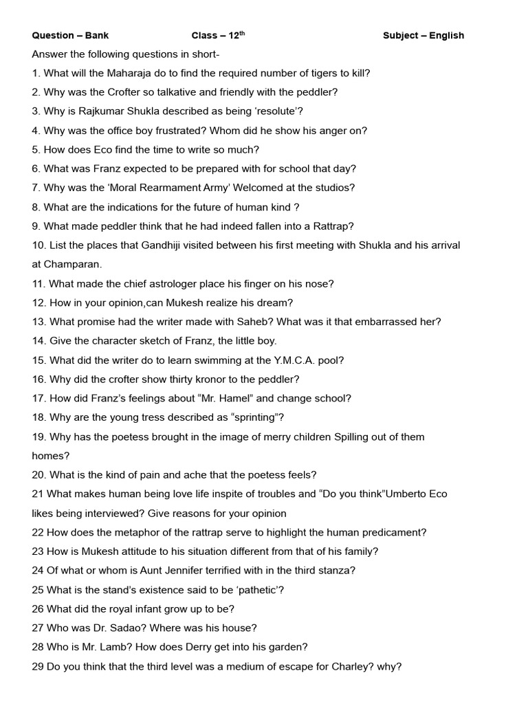 Class 12 English Short Answer Questions | PDF