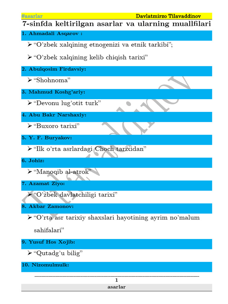 7-Sinf UZB Asarlar | PDF