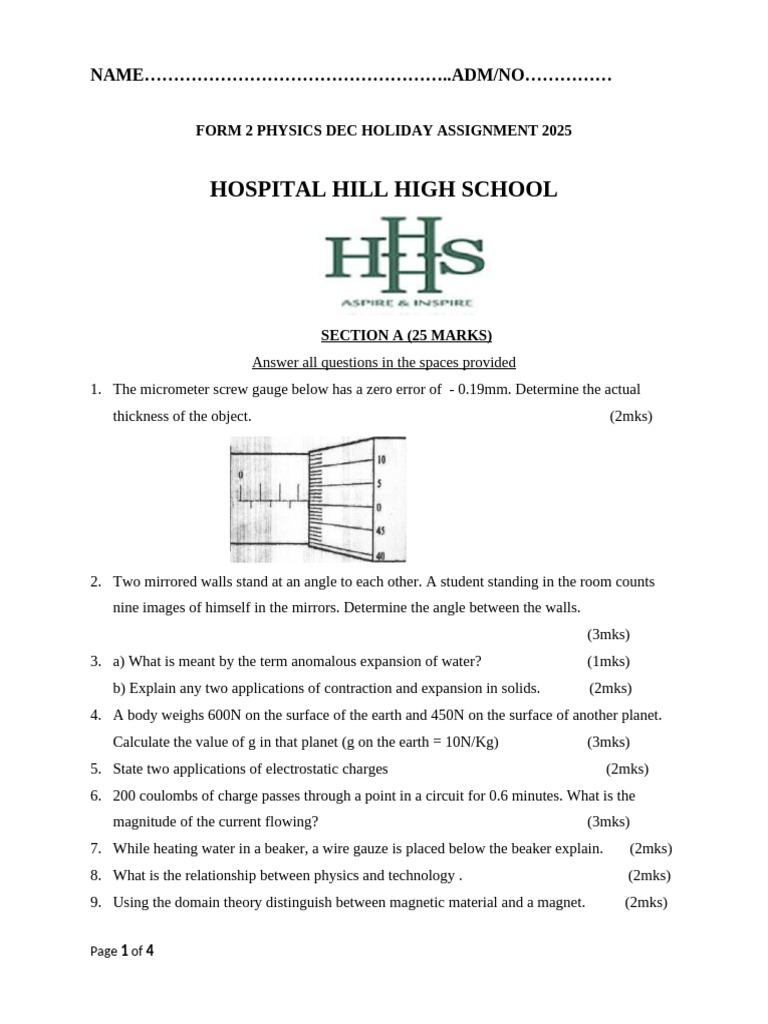 Form 2 Physics Holiday Assignment 2025 | PDF | Force | Waves