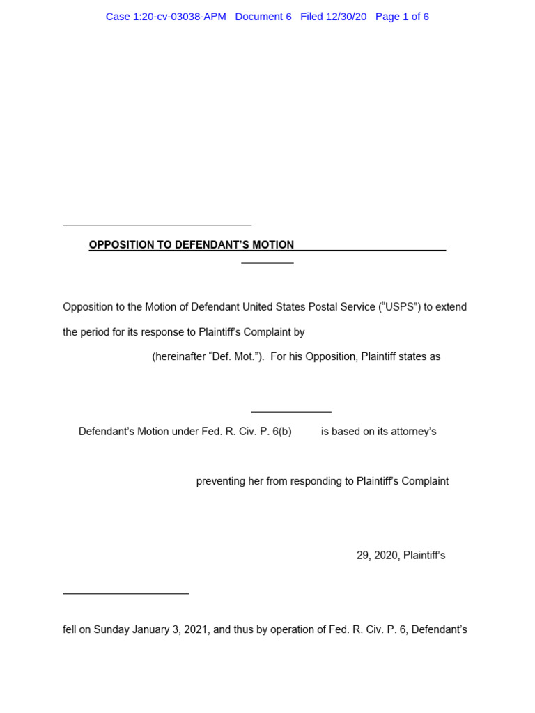 ECF # 6 Opposition to Defendant's Motion to Extend Time Wrongful ...