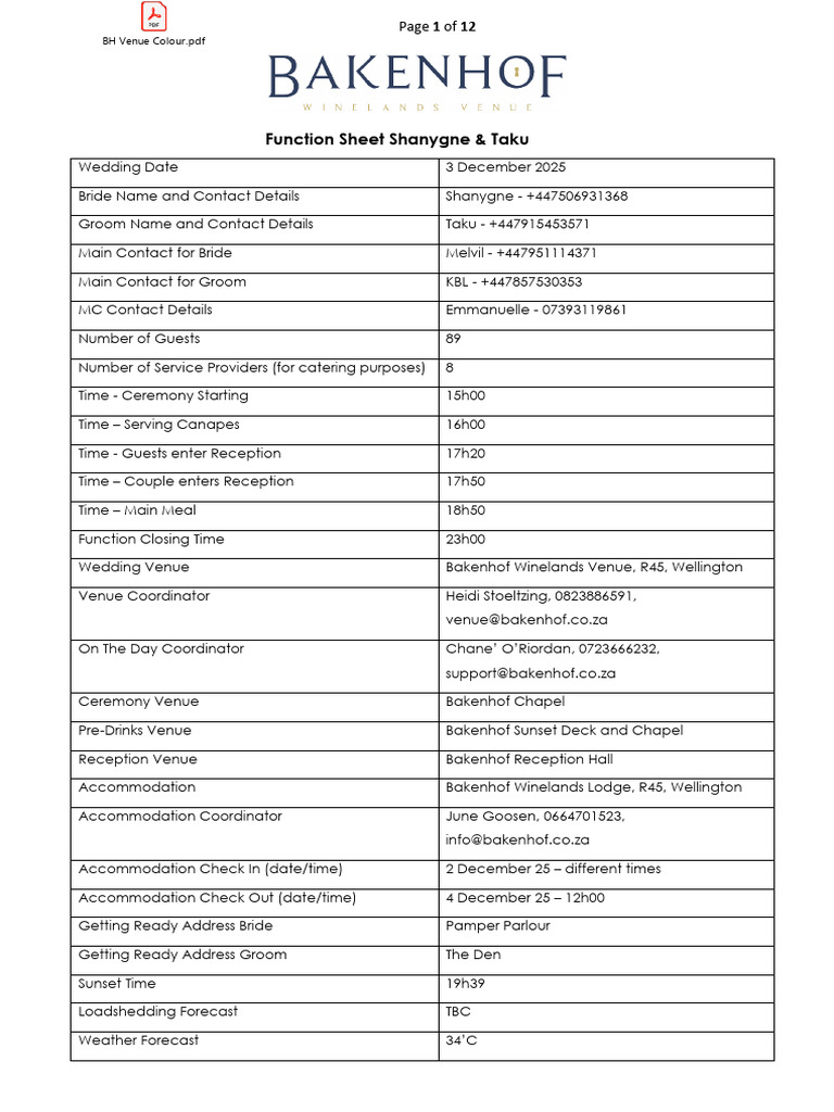S & T Final Function Sheet | PDF | Wedding | Bridesmaid
