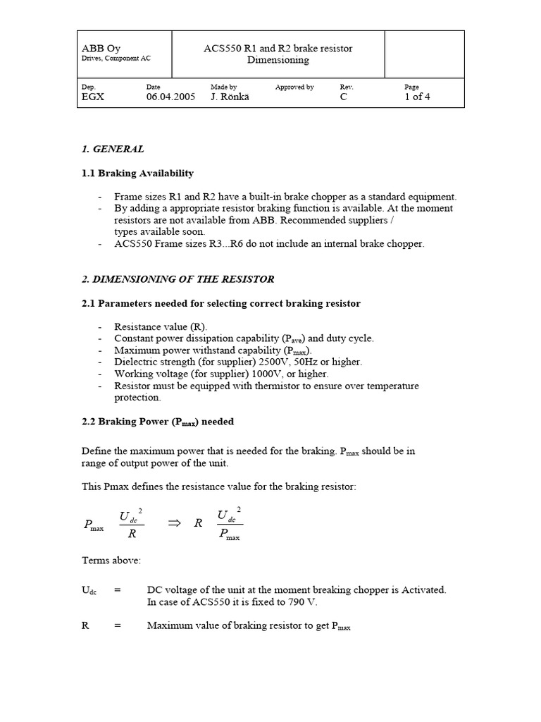 ACS550 R1 and R2 Brake Resistor Dimensioning | PDF