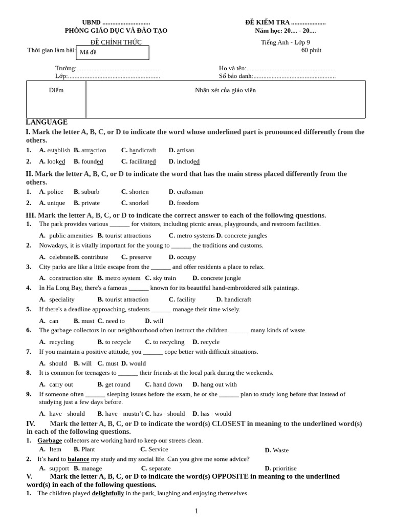 English Test Paper for Grade 9 | PDF