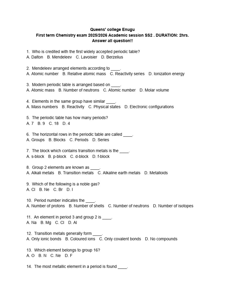 SS2 Chemistry Exam 2025/2026 | PDF | Periodic Table | Gases