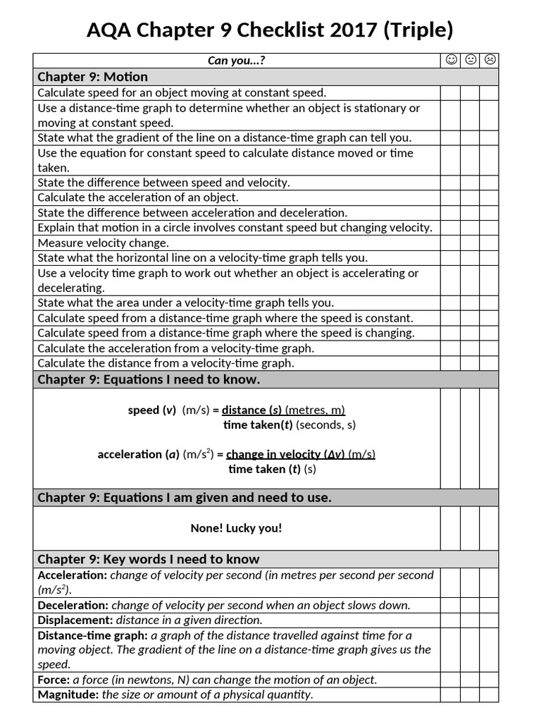 AQA Chapter 9 Motion Checklist 2017 | PDF | Velocity | Acceleration