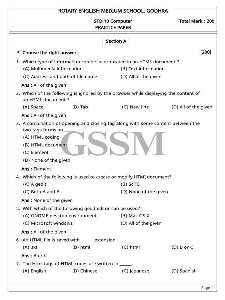 HTML Practice Paper for Std 10 Students | PDF | World Wide Web ...