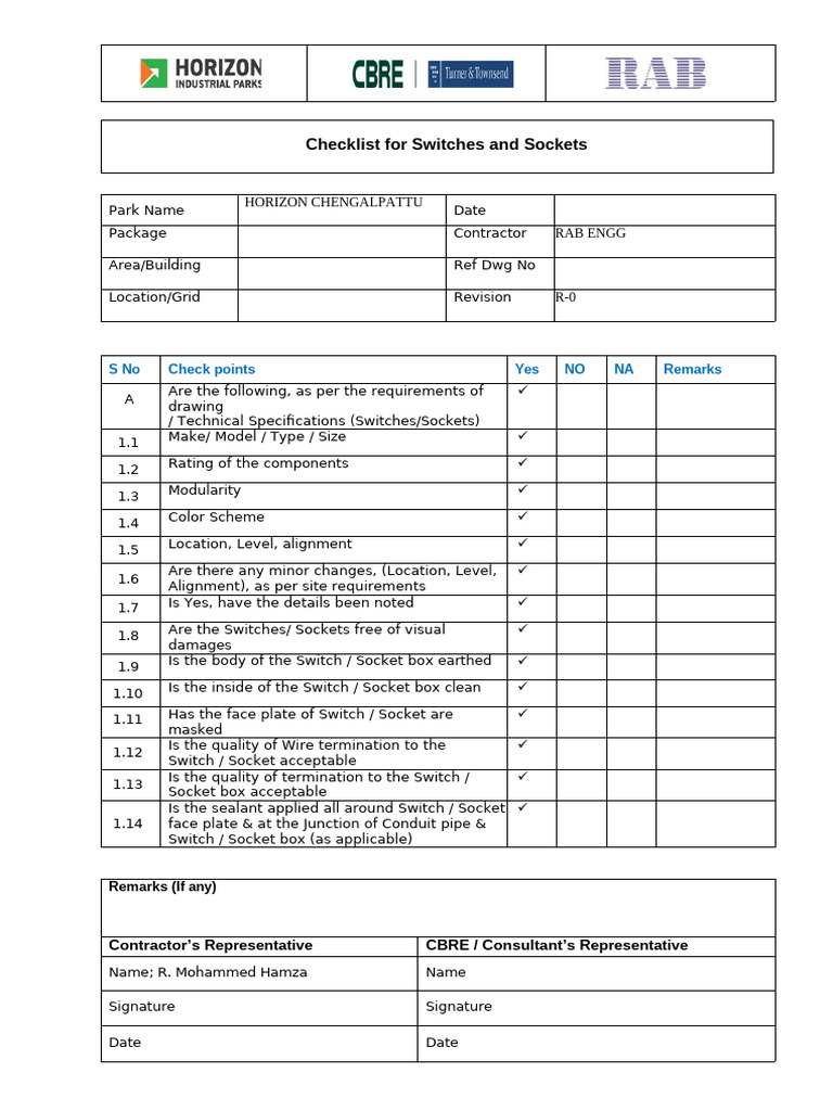Switches and Sockets Inspection Checklist | PDF