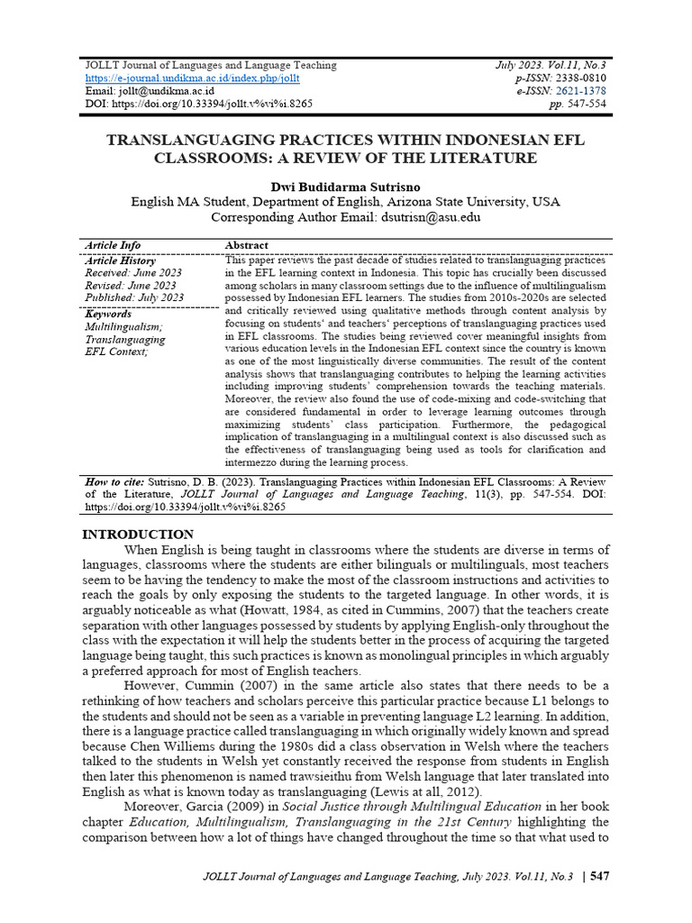 Translanguaging in Indonesian EFL Classrooms | PDF | English As A ...