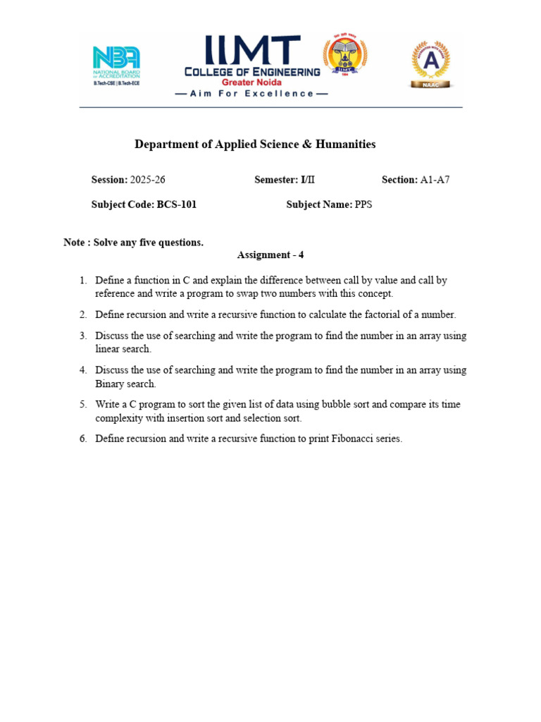 Department of Applied Science & Humanities: Session: Semester: I ...