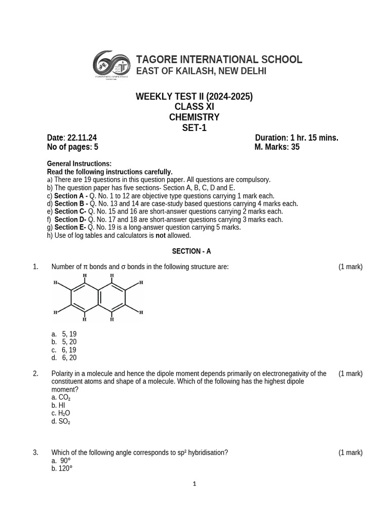 Class XI Chemistry Weekly Test Set-1 | PDF | Chemical Bond | Chemical ...