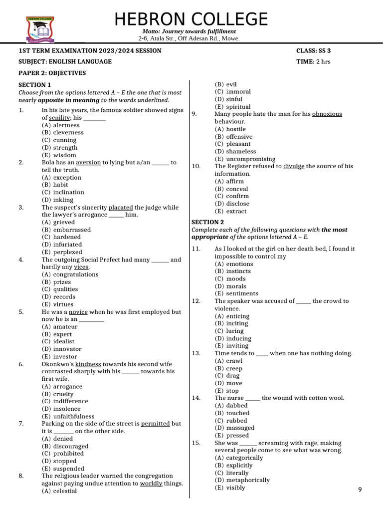 English SS 3 (1st Term 2024) P2 past questions | PDF
