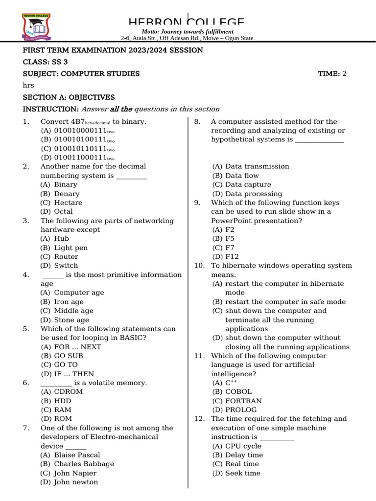 SS3 Computer Studies Exam 2023/2024 | PDF | Computer Network ...