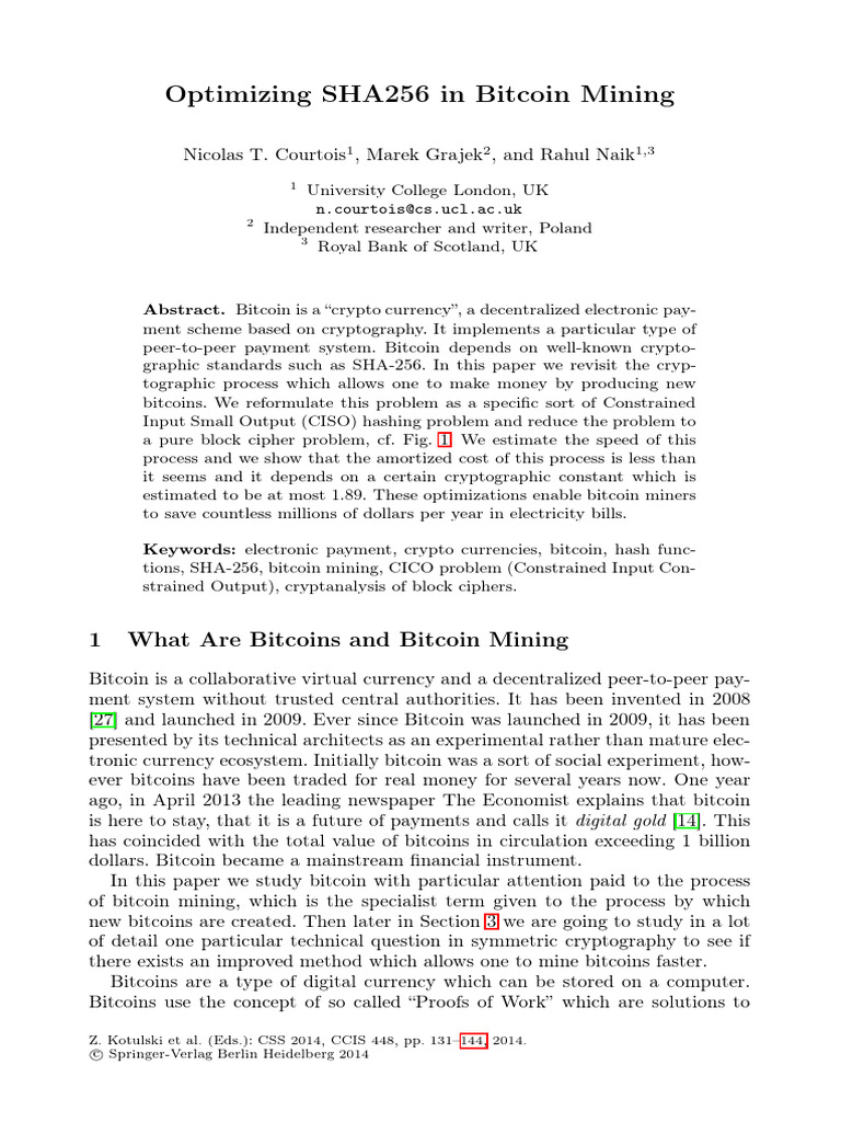 Optimizing SHA256 for Bitcoin Mining | PDF | Bitcoin | Cryptography