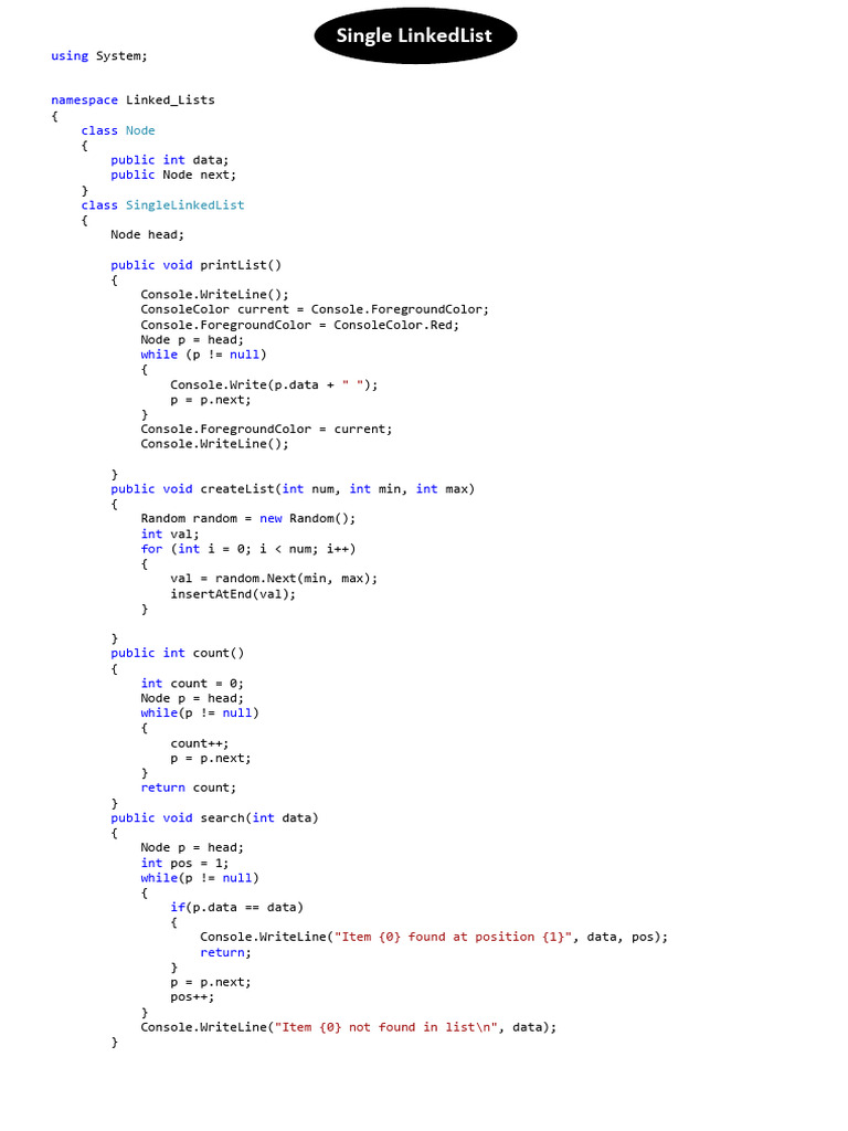 C# Single Linked List Implementation | PDF | Queue (Abstract Data Type ...