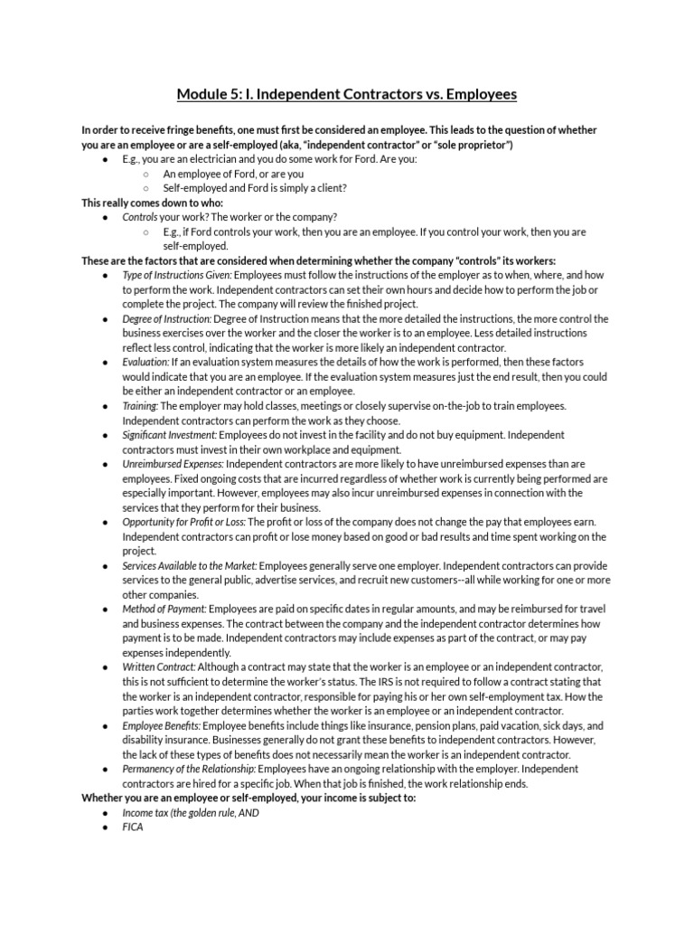 Employee vs. Independent Contractor Guide | PDF | Employee Benefits ...