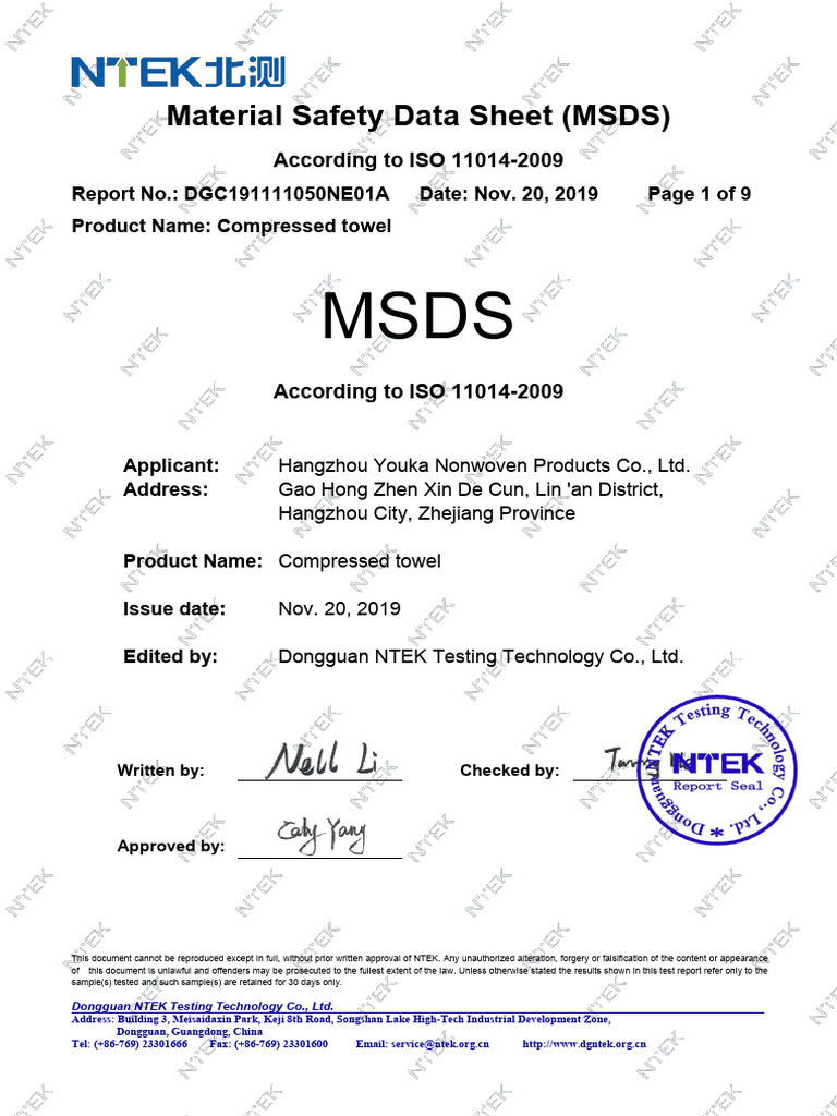 Compressed Towel MSDS Report 2019 | PDF | Occupational Safety And ...